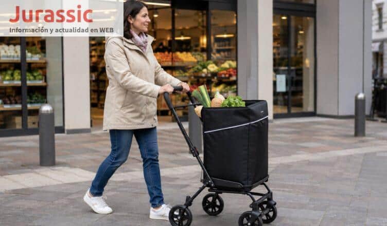 Persona utilizando un carro de compra moderno en un entorno urbano