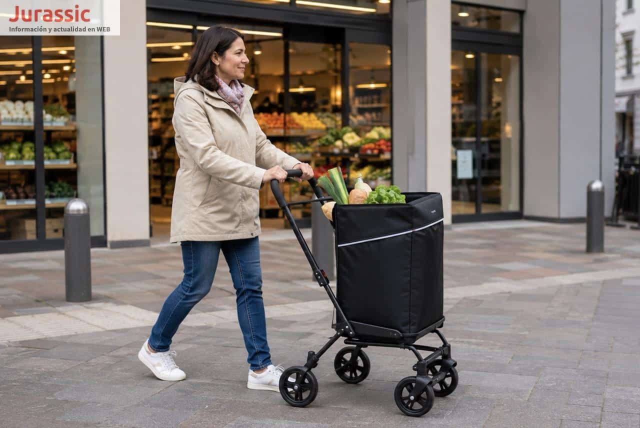 Persona utilizando un carro de compra moderno en un entorno urbano
