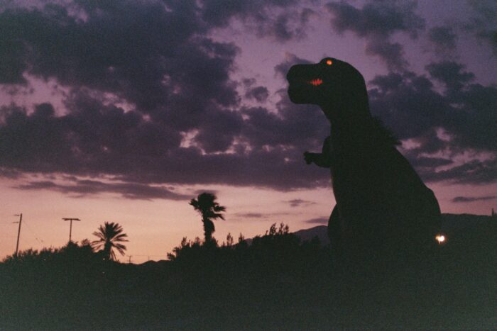 Silueta de un dinosaurio contra un cielo de atardecer, portada de películas de dinosaurios