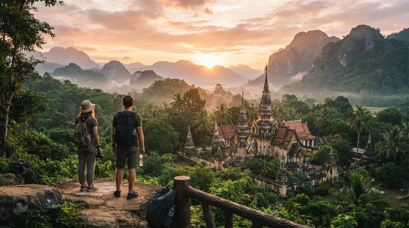 Viajeros contemplando un paisaje del Sudeste Asiático durante una ruta
